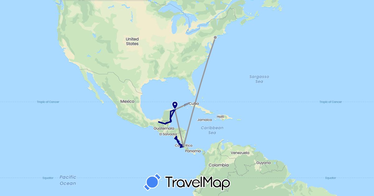 TravelMap itinerary: driving, plane, boat in Belize, Costa Rica, Cuba, Guatemala, Mexico, Nicaragua, United States (North America)