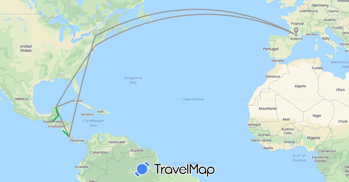 TravelMap itinerary: driving, bus, plane in Belize, Costa Rica, Cuba, France, Guatemala, Mexico, Nicaragua, United States (Europe, North America)