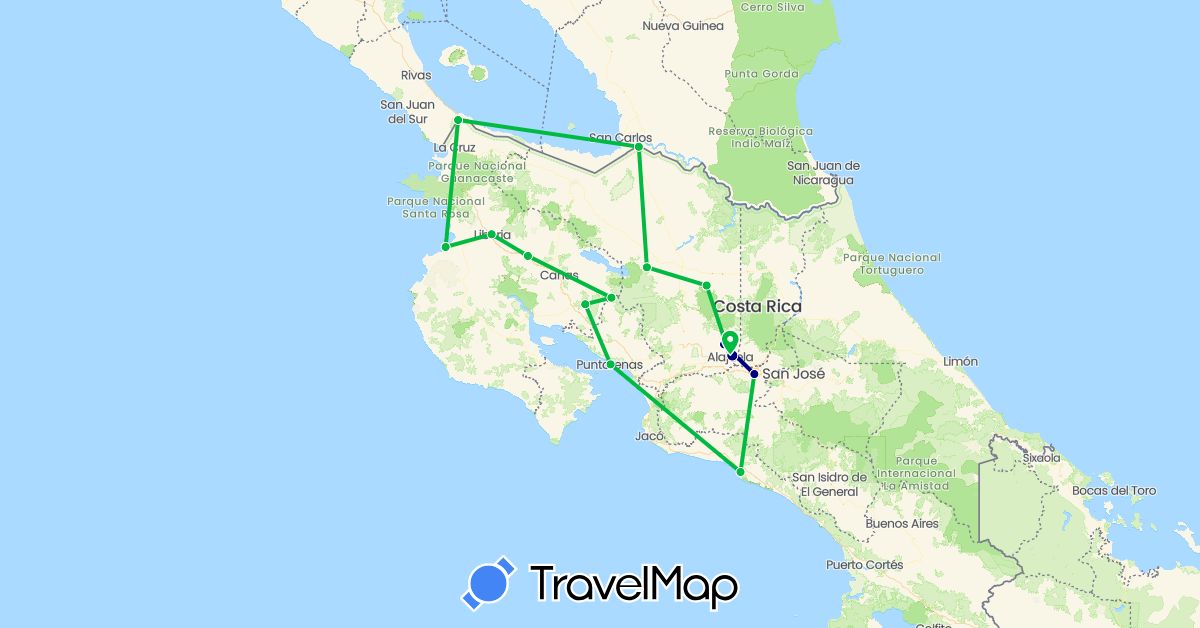 TravelMap itinerary: driving, bus in Costa Rica, Nicaragua (North America)