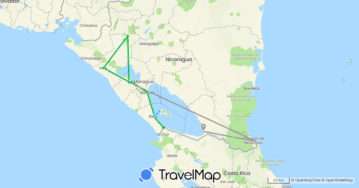 TravelMap itinerary: driving, bus, plane, boat in Costa Rica, Nicaragua (North America)