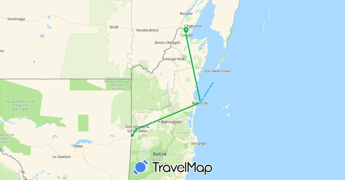 TravelMap itinerary: driving, bus, boat in Belize (North America)