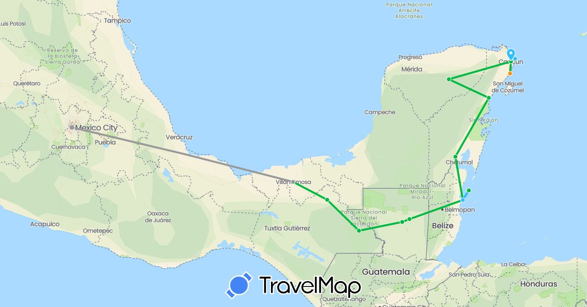 TravelMap itinerary: driving, bus, plane, boat, hitchhiking in Belize, Guatemala, Mexico (North America)