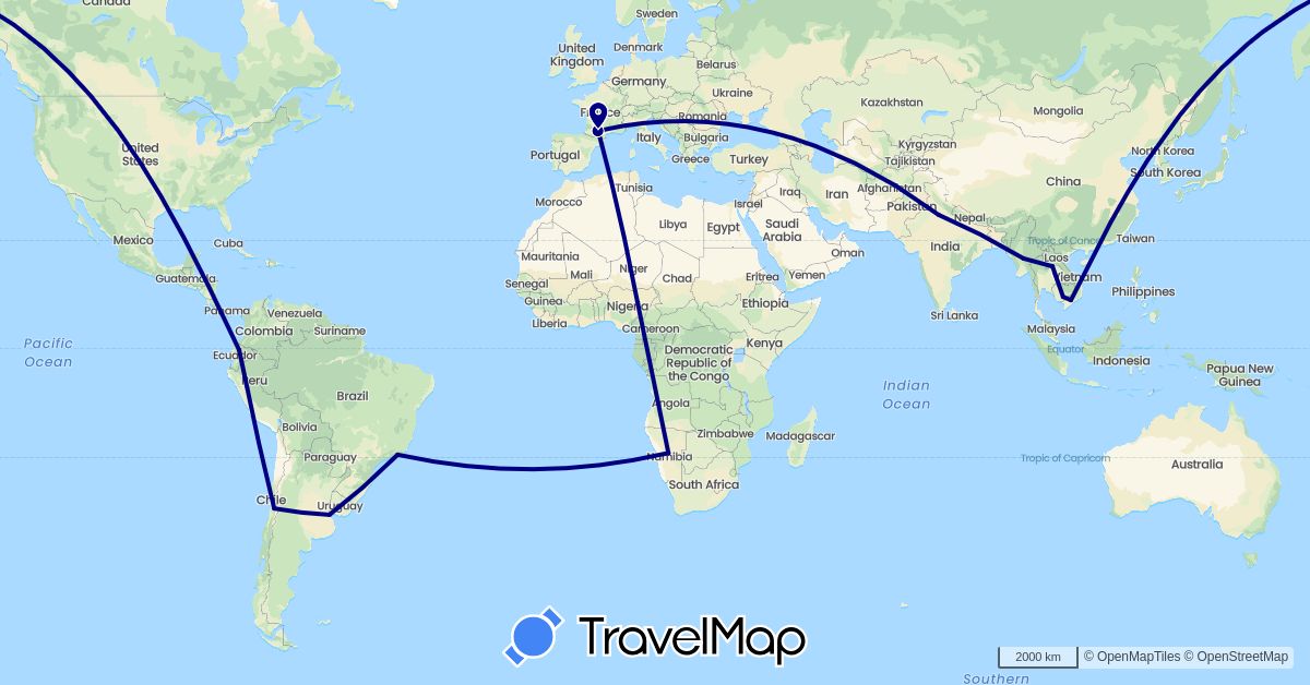TravelMap itinerary: driving in Argentina, Brazil, Chile, Ecuador, France, India, Cambodia, Laos, Myanmar (Burma), Namibia, Vietnam (Africa, Asia, Europe, South America)