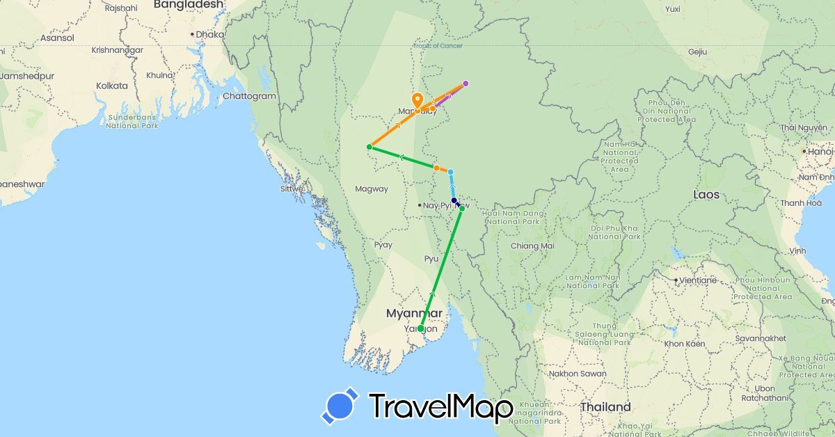 TravelMap itinerary: driving, bus, train, boat, hitchhiking in Myanmar (Burma) (Asia)