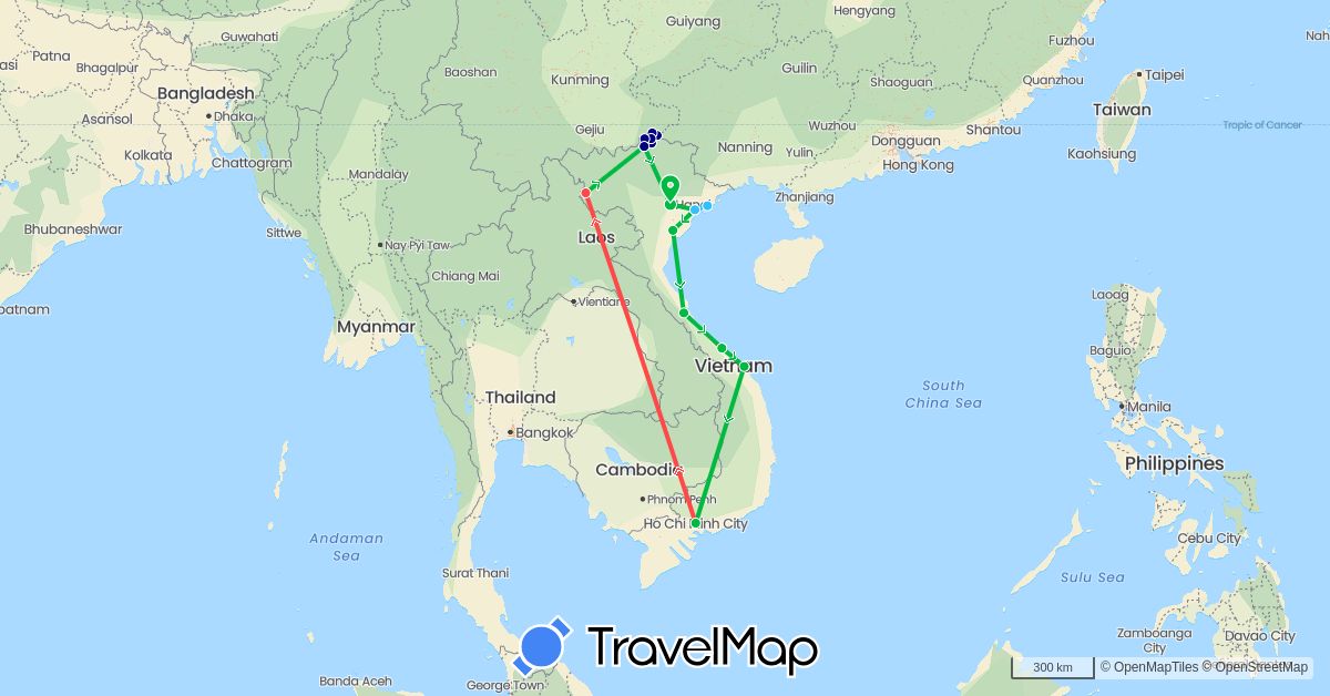 TravelMap itinerary: driving, bus, hiking, boat in Vietnam (Asia)