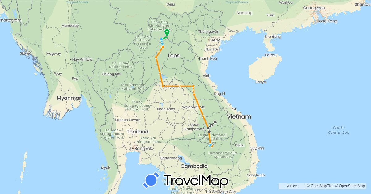 TravelMap itinerary: driving, bus, boat, hitchhiking, motorbike in Cambodia, Laos (Asia)