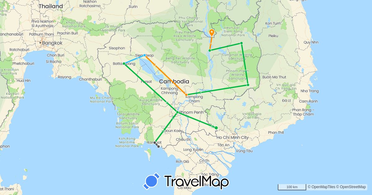 TravelMap itinerary: driving, bus, boat, hitchhiking, motorbike in Cambodia (Asia)