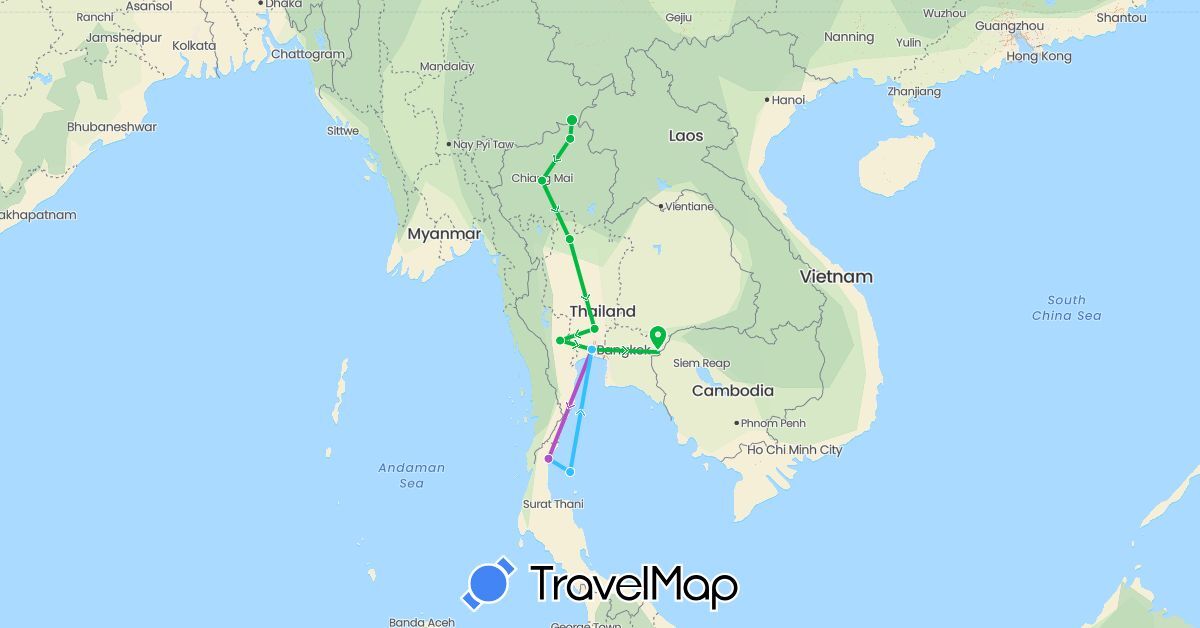 TravelMap itinerary: driving, bus, train, boat in Myanmar (Burma), Thailand (Asia)