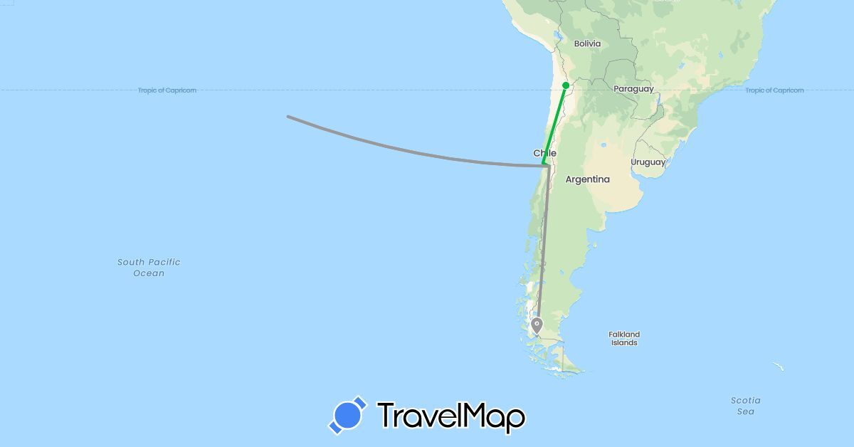TravelMap itinerary: driving, bus, plane in Chile (South America)
