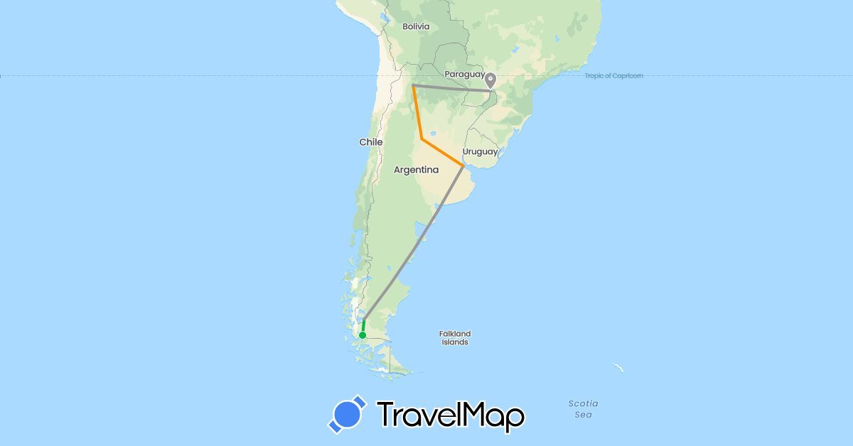 TravelMap itinerary: driving, bus, plane, hitchhiking in Argentina, Brazil, Chile (South America)