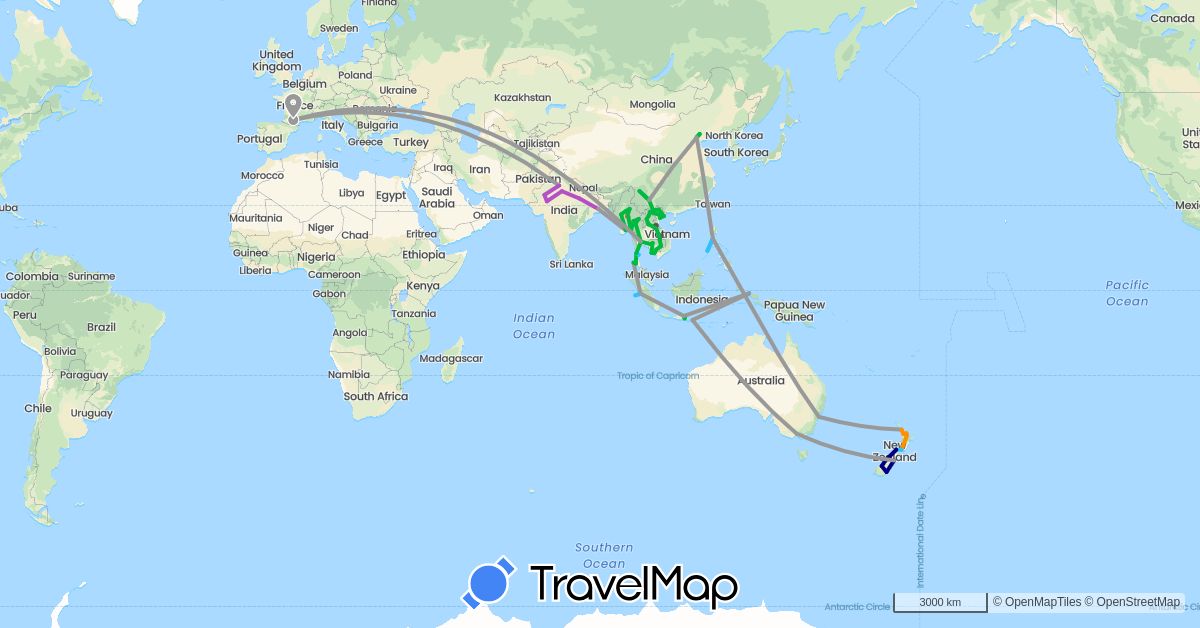 TravelMap itinerary: driving, bus, plane, train, hiking, boat, hitchhiking, motorbike in Australia, China, France, Indonesia, India, Cambodia, Laos, Myanmar (Burma), New Zealand, Philippines, Thailand, Vietnam (Asia, Europe, Oceania)