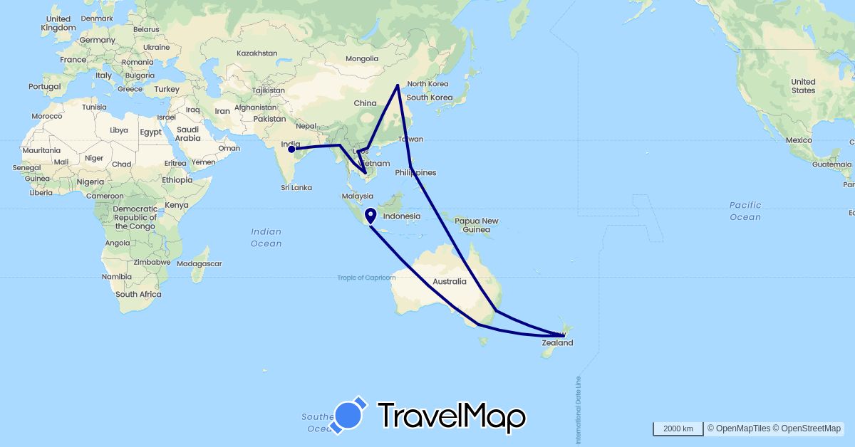 TravelMap itinerary: driving in Australia, China, Indonesia, India, Cambodia, Laos, Myanmar (Burma), New Zealand, Philippines, Thailand, Vietnam (Asia, Oceania)
