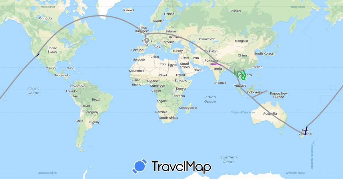 TravelMap itinerary: driving, bus, plane, train in Australia, France, United Kingdom, Indonesia, India, Cambodia, Laos, Myanmar (Burma), New Zealand, Singapore, Thailand, United States, Vietnam (Asia, Europe, North America, Oceania)